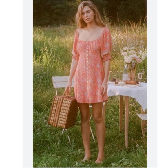 Spell Love Story Boho Printed Midi Dress Puff Sleeves Size M Red - Picture 1 of 10